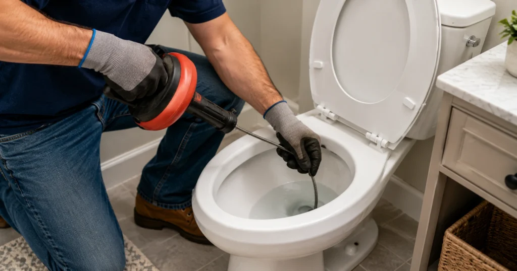 how to unclog a toilet with a toilet snake or auger