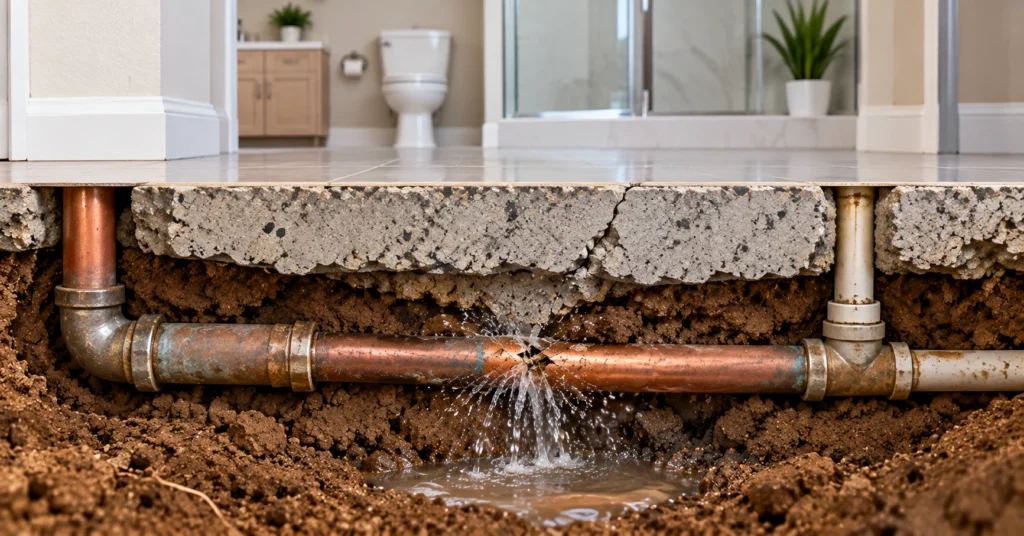 what causes a plumbing leak in a slab